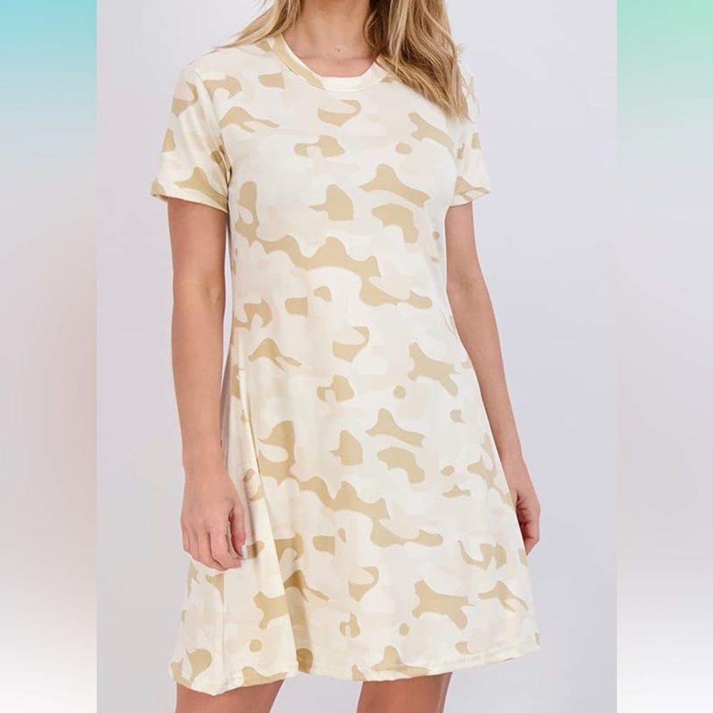 🎀NWOT Women’s Casual T-Shirt Dress Short Sleeves Beige Camo Colors Size 2XL